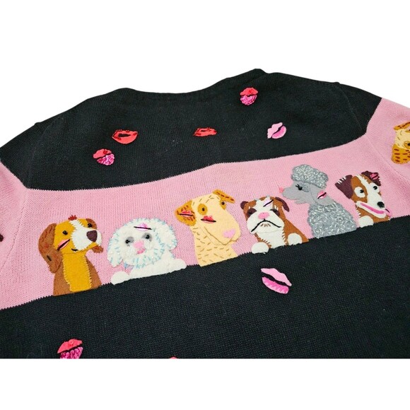 Michael Simon M Cardigan Dog Sweater Kiss Lips Embroidered Beaded Black Pink - Picture 13 of 16